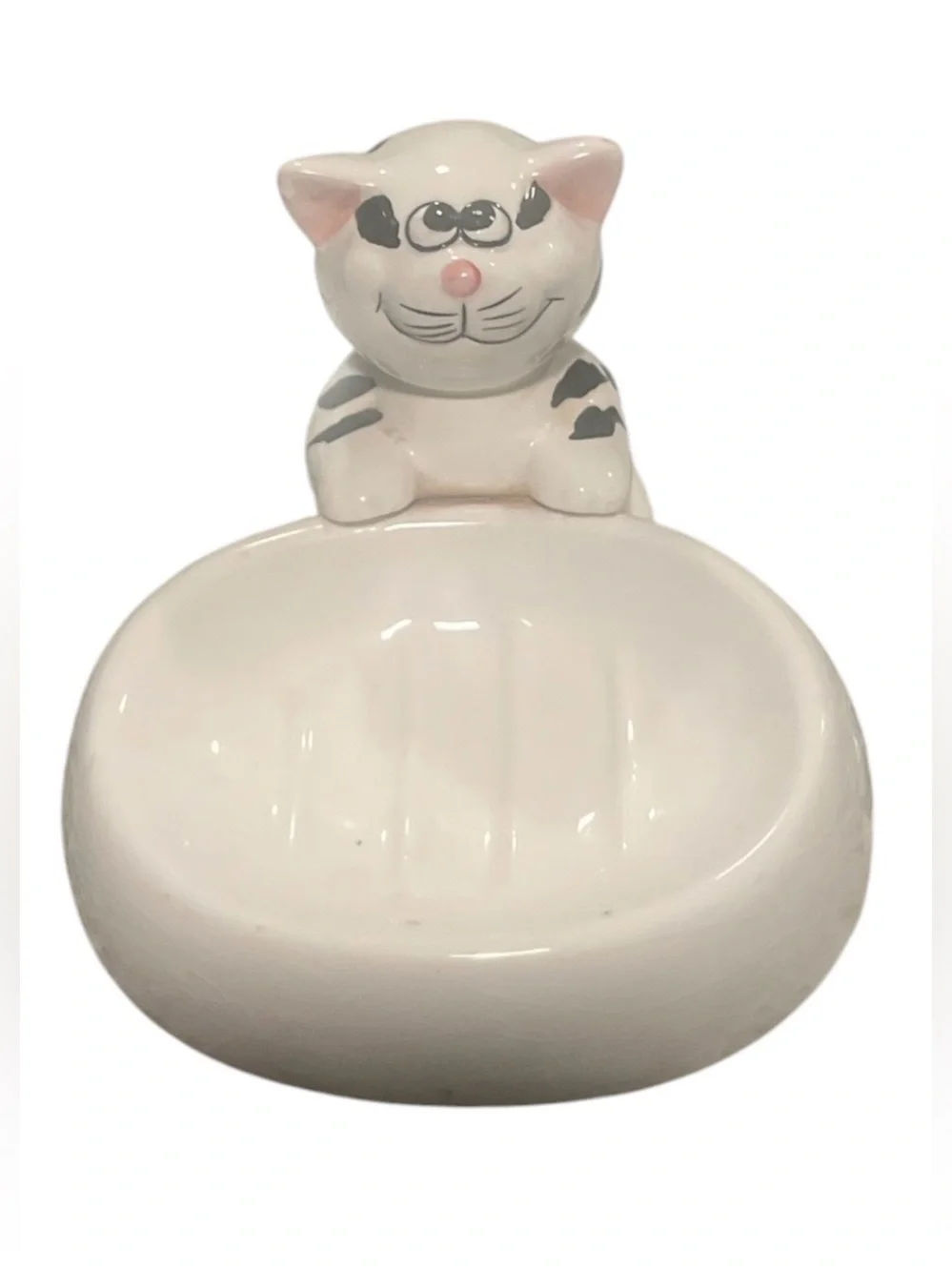 Vintage Ceramic Cat Soap Dish Trinket Tray Ring Holder White Gray Tabby Striped